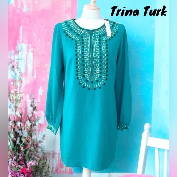 TRINA TURK NWT TURQUOISE KAPONO BEADED CREPE LONG SLEEVE SHIFT DRESS SIZE 8 - Picture 1 of 14